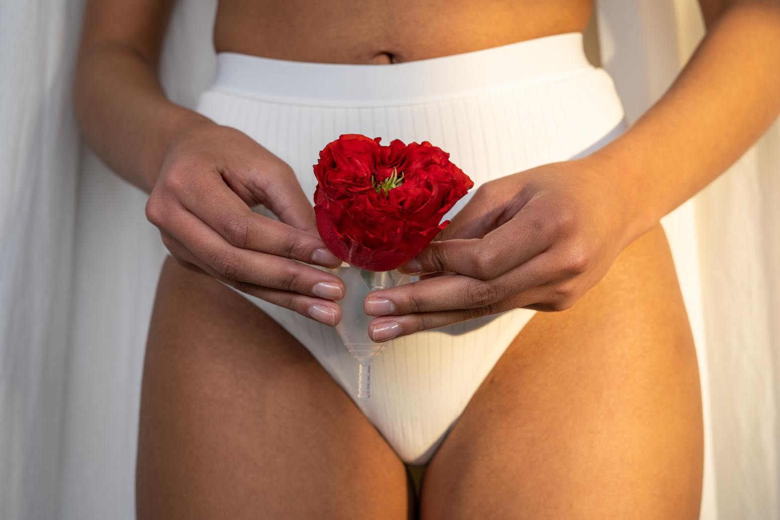 A black woman is standing in her underwear. She holds a red flower against her crotch.