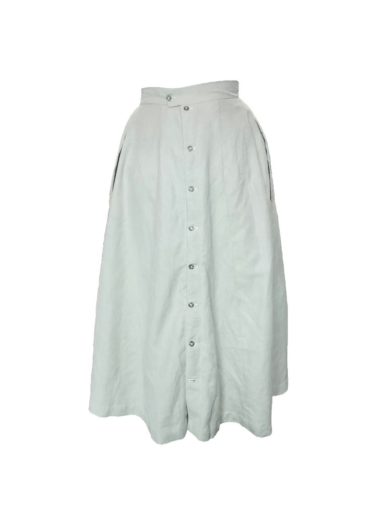 A pale green ankle-length skirt with buttons running down the center. When they are unbuttoned, the skirt splits into a pair of wide-leg pants.