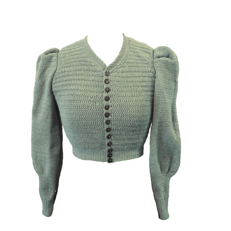 A cropped green sweater with puffy sleeves and buttons running down the center. 