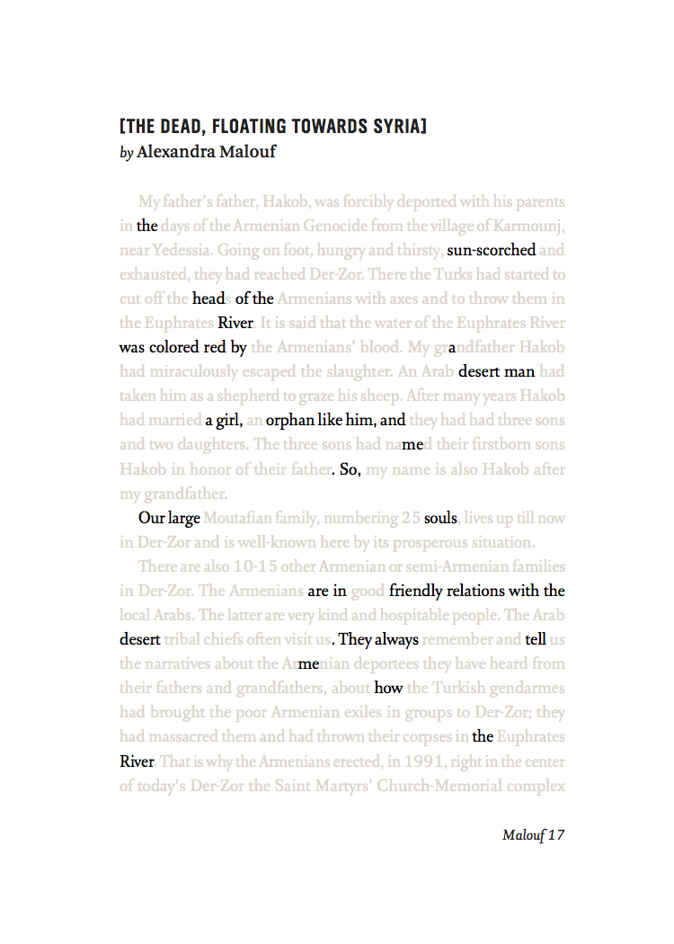 An image of an erasure poem. It reads: the sun-scorched head of the River was colored red by a desert man, a girl, orphan like him, and me. So Our large souls are in friendly relations with the desert. They always tell me how the River had shut its eyes.