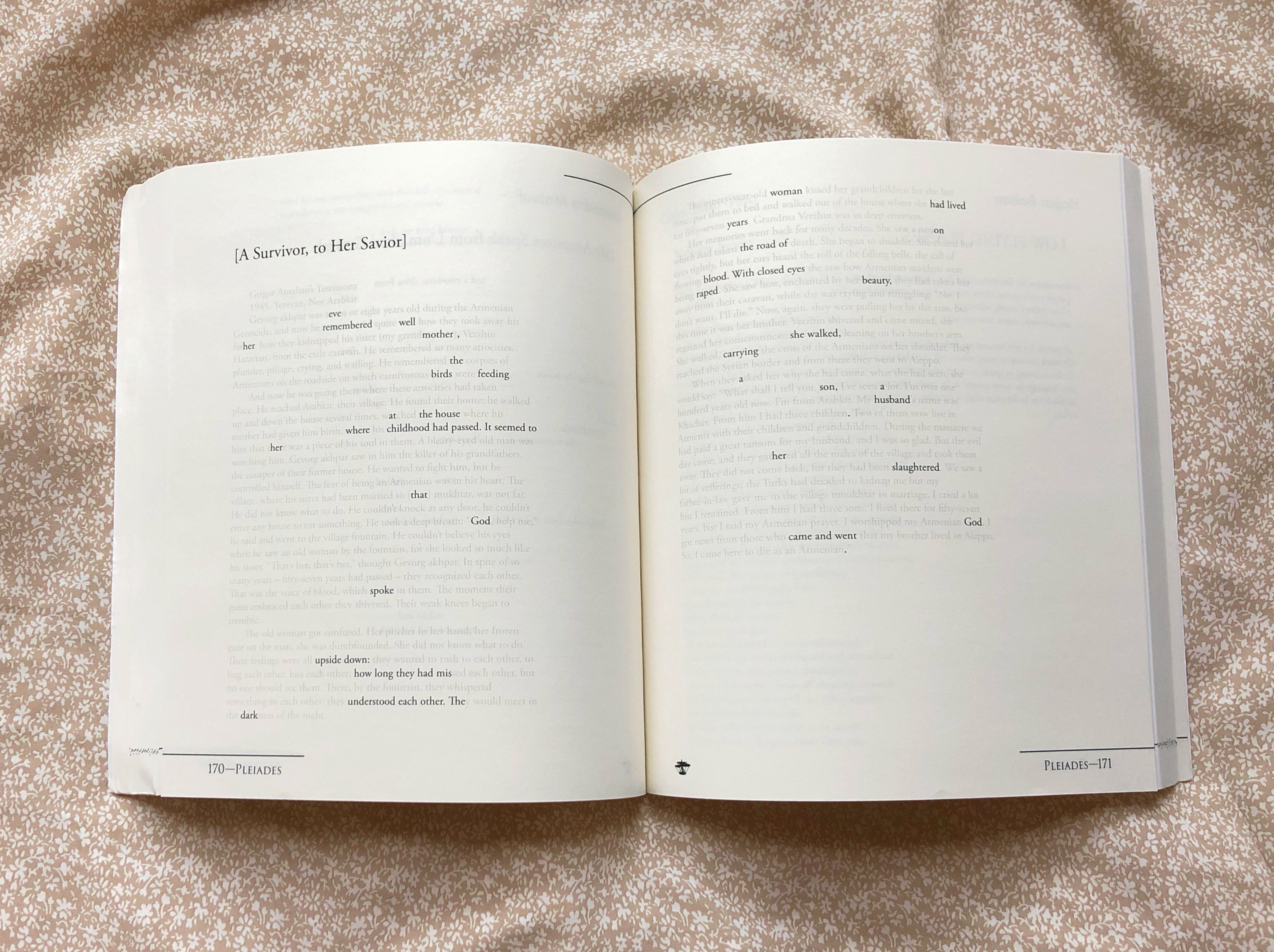 An image of an erasure poem. It reads: eve remembered well her mother, the birds feeding where childhood had passed. It seemed to her that God spoke upside down: how long they had mis-understood each other. The dark woman had lived years on the road of blood. With closed eyes, raped beauty, she walked carrying a son, a husband. Her slaughtered God came and went.