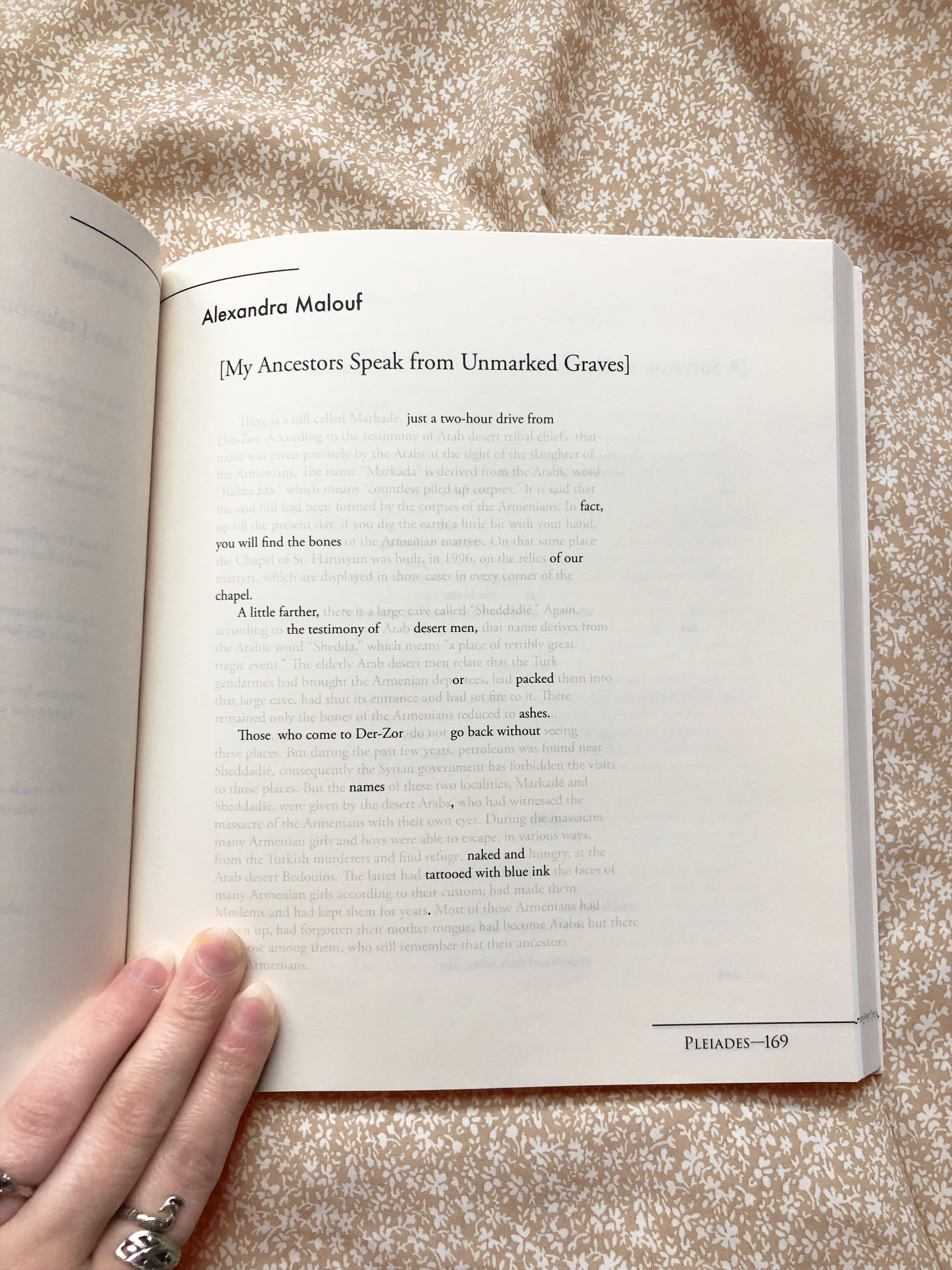 An image of an erasure poem. It reads: just a two-hour drive from fact, you will find the bones of our chapel. A little further, the testimony of desert men, or packed ashes. Those who come to Der-Zor go back without names, naked and tattooed with blue ink. 