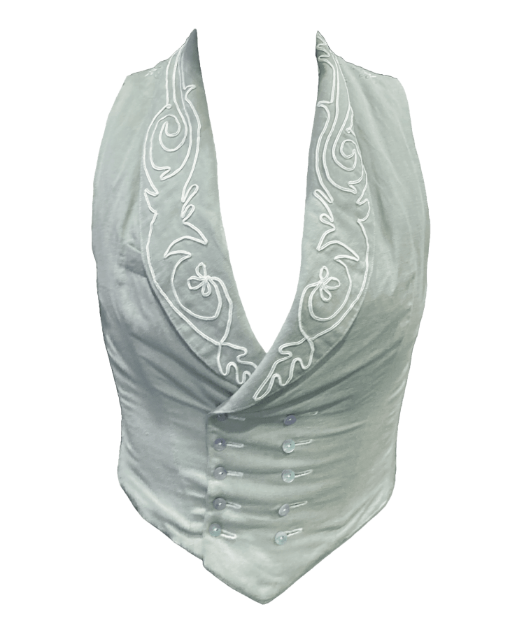 A double-breasted victorian lady's vest in sage green with art nouveau soutache decorating the round collar